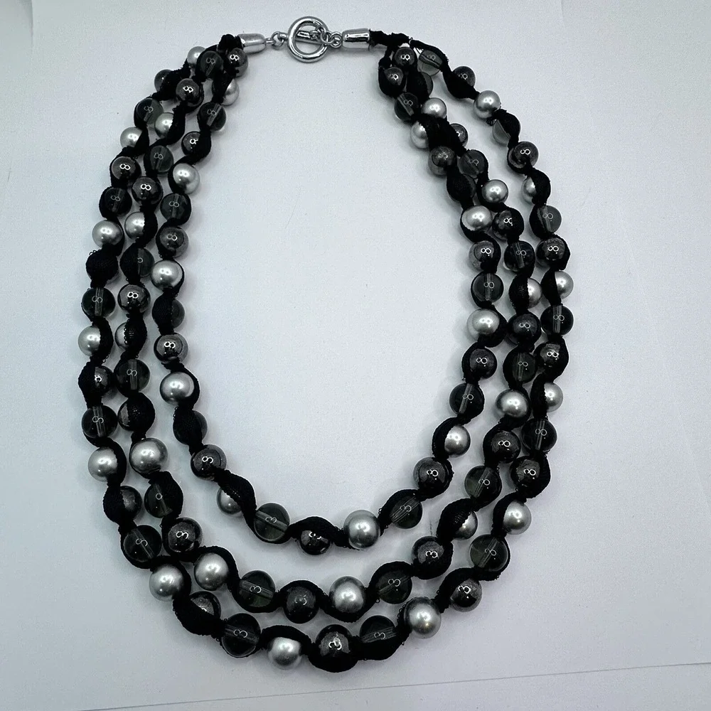 Triple Strand Black Fabric Cord Necklace Silver Smoke Grey Beaded Layered Toggle